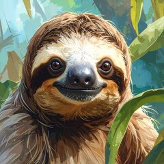 Obraz premium A digital illustration of a smiling sloth's face surrounded by foliage