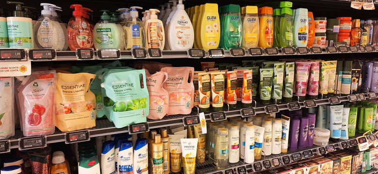 Ortisei, Italy - november 02, 2025: Panorama of Conad supermarket shelves with body care products.