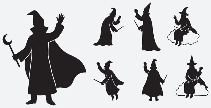 Collection of wizard silhouettes in various magical poses with staffs and wands.