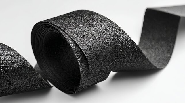 A roll of black foam tape unspooled on a white surface