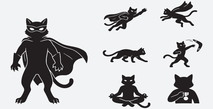 Set of black cat silhouettes in various poses including superhero, flying, running, meditating, and holding a medal, on a light background.