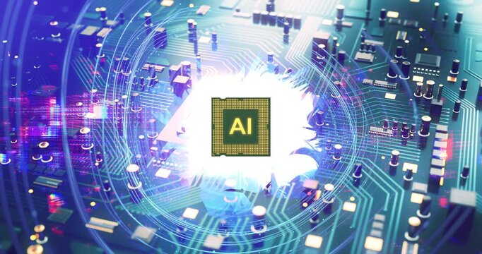 High performance computing with AI processor and flaming effects. AI Technology Related 3D Computer Animation.