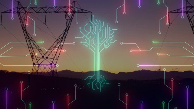 Cyan crescent starting neon lines circuit tree forming over ridge integrating pylon energizing grid