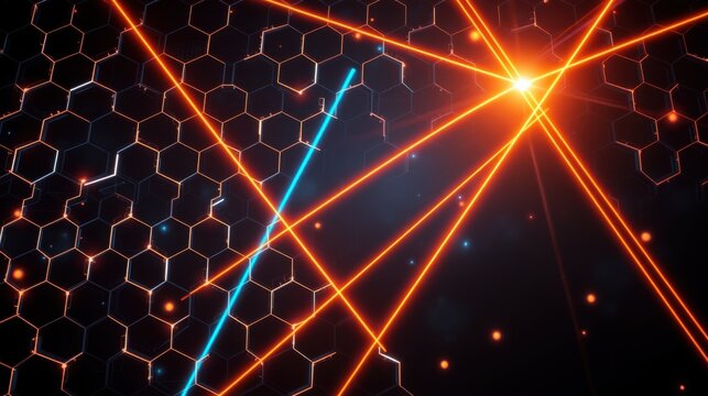 Dark background features hexagonal grid, bright orange lines intersect. Blue streaks add contrast, creating futuristic visual effect.