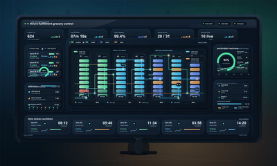 Micro-fulfillment grocery control dashboard interface with warehouse robotics, cold chain monitoring, and pickup analytics © Антон Сальников