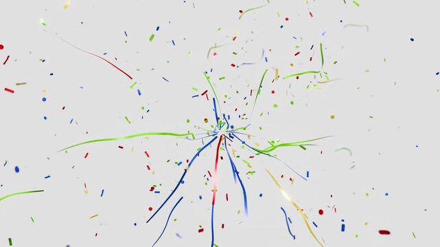 3d render vfx video of colorful confetti and ribbons bursting from the center. features dynamic motion blur, out of focus depth of field, and crisp 4k resolution for festive cgi celebrations.