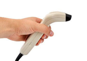Fototapeta premium Hand holding barcode scanner isolated on transparent background