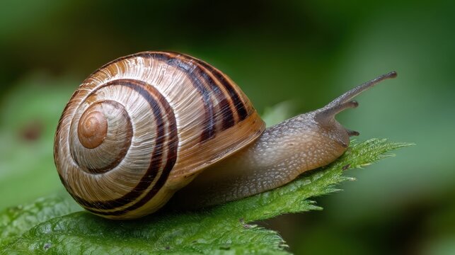 Adolescent snail with brown striped shell slowly feeding on the edge of a fresh green leaf in nature