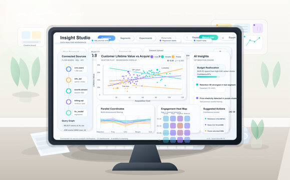Data analysis dashboard on desktop monitor with customer lifetime value scatter plot and AI insights
