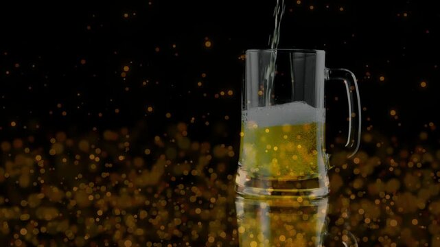 Overhead stream pouring into glass mug, filling with golden liquid and foam for beverage marketing