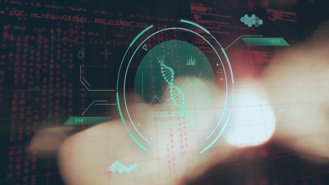 Teal HUD pulsing and shifting charts while right-side flares drifting in, revealing DNA diagnostics