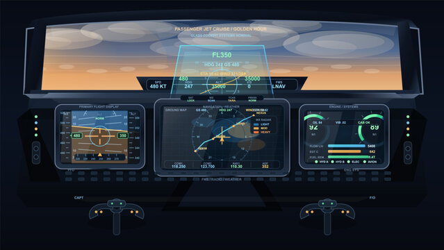 Passenger jet cockpit interface with flight instruments, navigation display, engine systems, and golden hour sky view