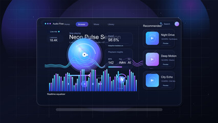 Futuristic music streaming dashboard interface with audio visualizer, equalizer bars and recommended tracks © Антон Сальников