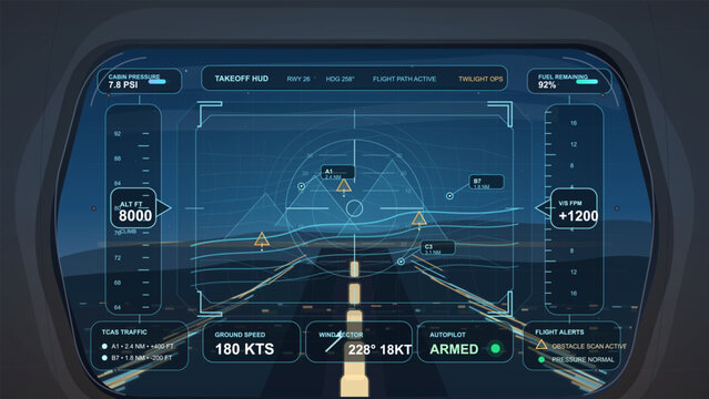 Futuristic aircraft cockpit head-up display with takeoff HUD, runway guidance, flight path and aviation telemetry