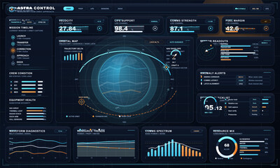 Space mission control dashboard interface with orbital map, docking checklist, telemetry, life support, and resource monitoring © Антон Сальников