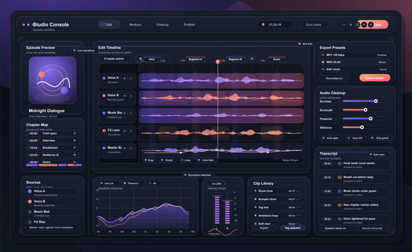 Podcast audio editing dashboard interface with multitrack waveform timeline, transcript, export presets and cleanup tools