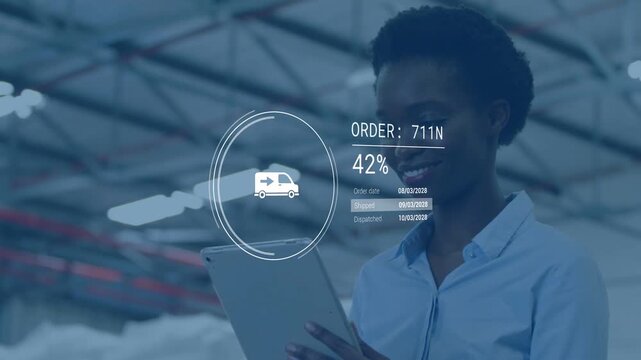Logistics coordinator woman tapping tablet, monitoring AR HUD tracking order 711N rising 4% to 79%