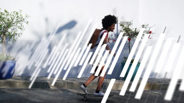Woman pushing off riding board past planter white bar overlay sweeping exiting right for commute