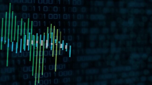 Vivid waveform expanding right after data burst, white tracking band rising, indicating data surge