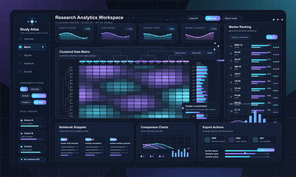 Research analytics dashboard interface with clustered data matrix heatmap, biomarker ranking charts, and export panels