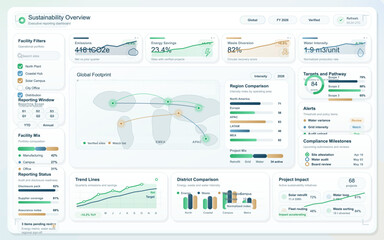 Naklejka na ściany i meble Sustainability reporting dashboard interface with emissions, energy savings, global footprint map, and compliance panels