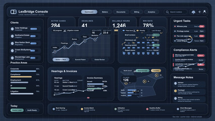 Fototapeta premium Legal case management dashboard interface with client matters, deadlines, billable hours and compliance alerts