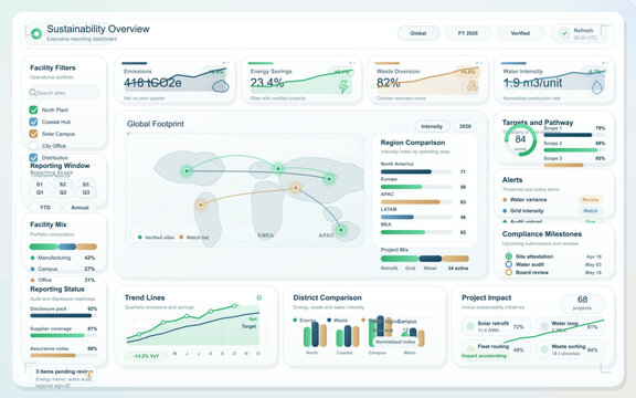 Sustainability reporting dashboard interface with emissions, energy savings, global footprint map, and compliance panels