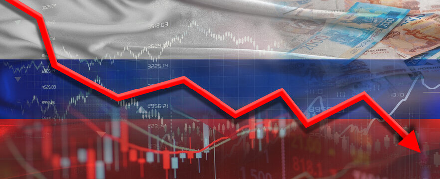 Russian financial crisis on economic graph. Financial fall of Russia on economy market