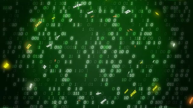 Incoming DATA tokens starting stream, drifting inward and forming columns to show tech data flow