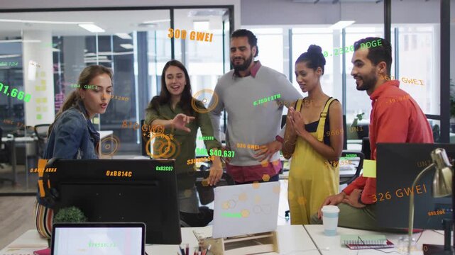 Business team gathering around desk, left operating monitor starting floating data charts approving