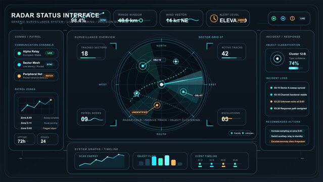 Radar surveillance dashboard interface with circular tracking display, incident response panels and monitoring analytics