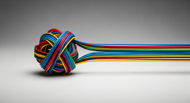 Tangled ball of colorful electrical wires unraveling into straight parallel lines on clean gray studio surface.