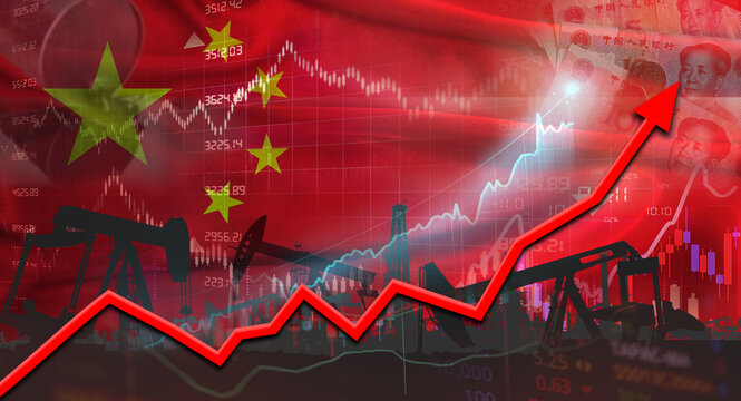 Growth of oil industry with China flag. Oil pumps with Chinese flag. Oil production with China flag
