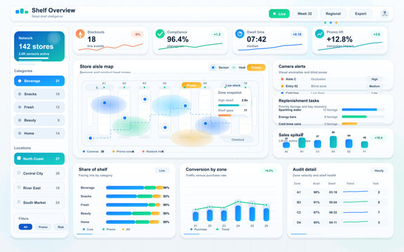 Retail shelf intelligence dashboard with store aisle map, stockout alerts, compliance metrics, and replenishment tasks