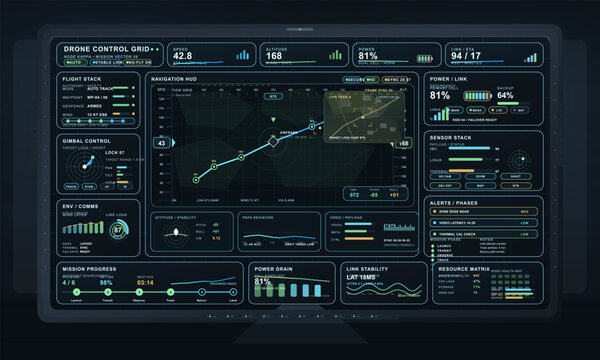 Drone control dashboard interface with navigation HUD, sensor telemetry, power status, and mission progress