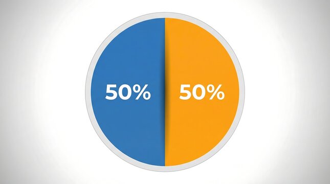 A pie chart visually representing a 50 50 split between two distinct colors blue and orange for data comparison