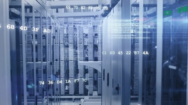 Data feed starting, rack aisle showing hex codes drifting and scaling over racks for datacenter ops