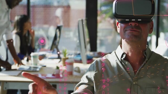 man in VR headset right-hand reaching, tapping, manipulating pink UI, testing tech in office