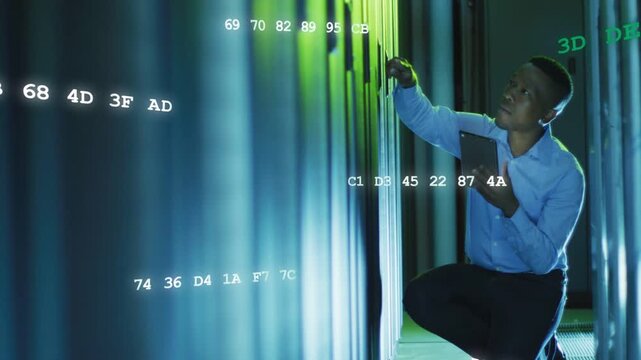 Datacenter tech kneeling, tapping tab and scanning rack, checking servers while hex codes streaming