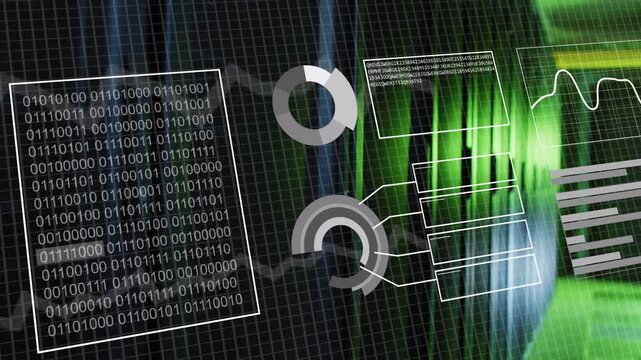 Translucent dashboard in data center receiving rack data, animating binary panel, gauges, waveform