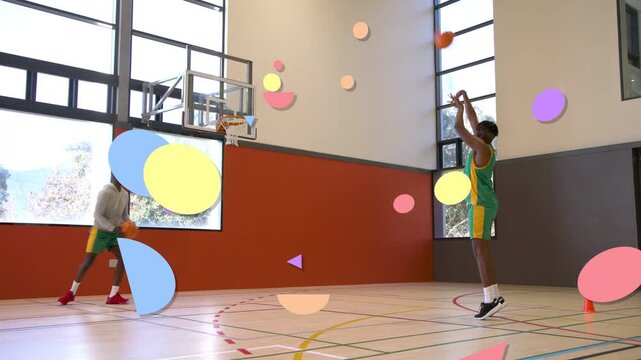 Taller player releasing shot shorter player rebounding ball in sports drill overlays obscuring duo