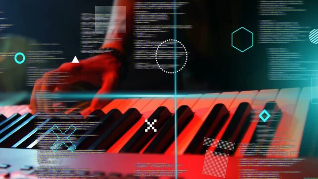 Male musician right hand entering left, hovering, pressing keys, making synth sound as HUD scanning