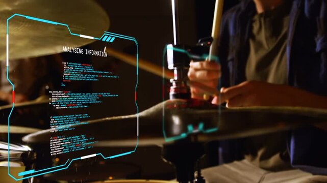 Male drummer playing hi-hat or cymbals in studio, HUD analysing code, hits spraying dust for analysi
