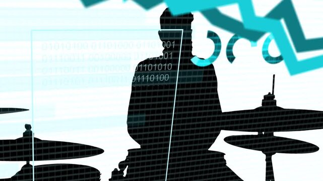 Waveform initiating analytics while silhouetted drummer raising tempo, charts binary filling torso