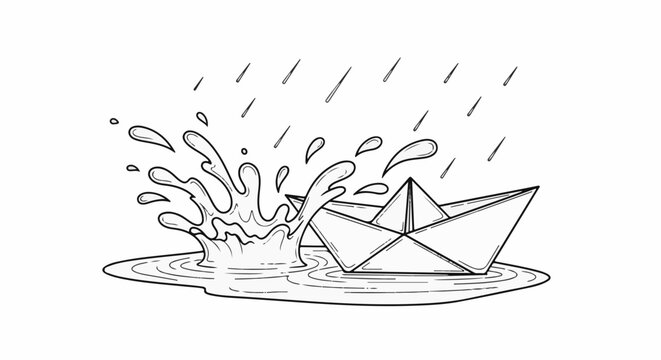 Paper boat tossed by rain and splashing water in abstract sketch style