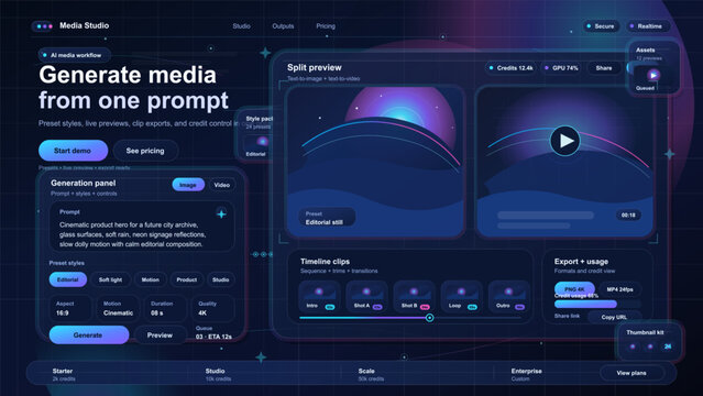 Media studio dashboard interface with split image and video preview, timeline clips, and export controls