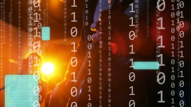 Guitarist fretting and singer singing in music, falling binary tiles over band showing amber lamp