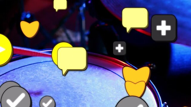 Snare drum head receiving clustered reaction icons after drumstick sweep, showing engagement