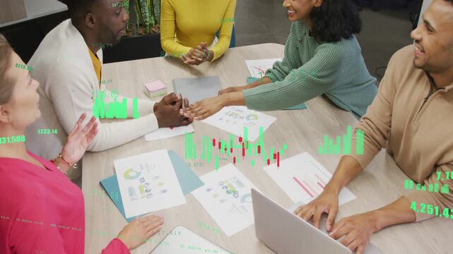 Business team at table, person sliding page, laptop, charts, green overlay, hands stacking to align