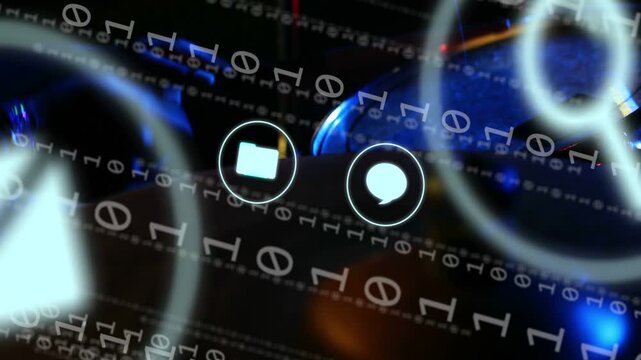Binary streams activating HUD icons while drummer's hands hitting drum and cymbal, syncing tech UI